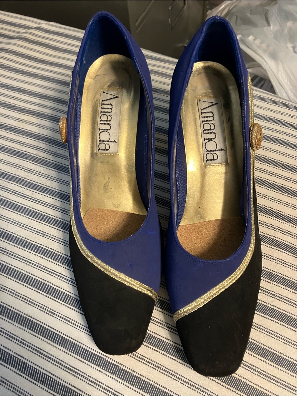 Amanda Two-Tone Blue and Black Pointed Heel with Gold Trim